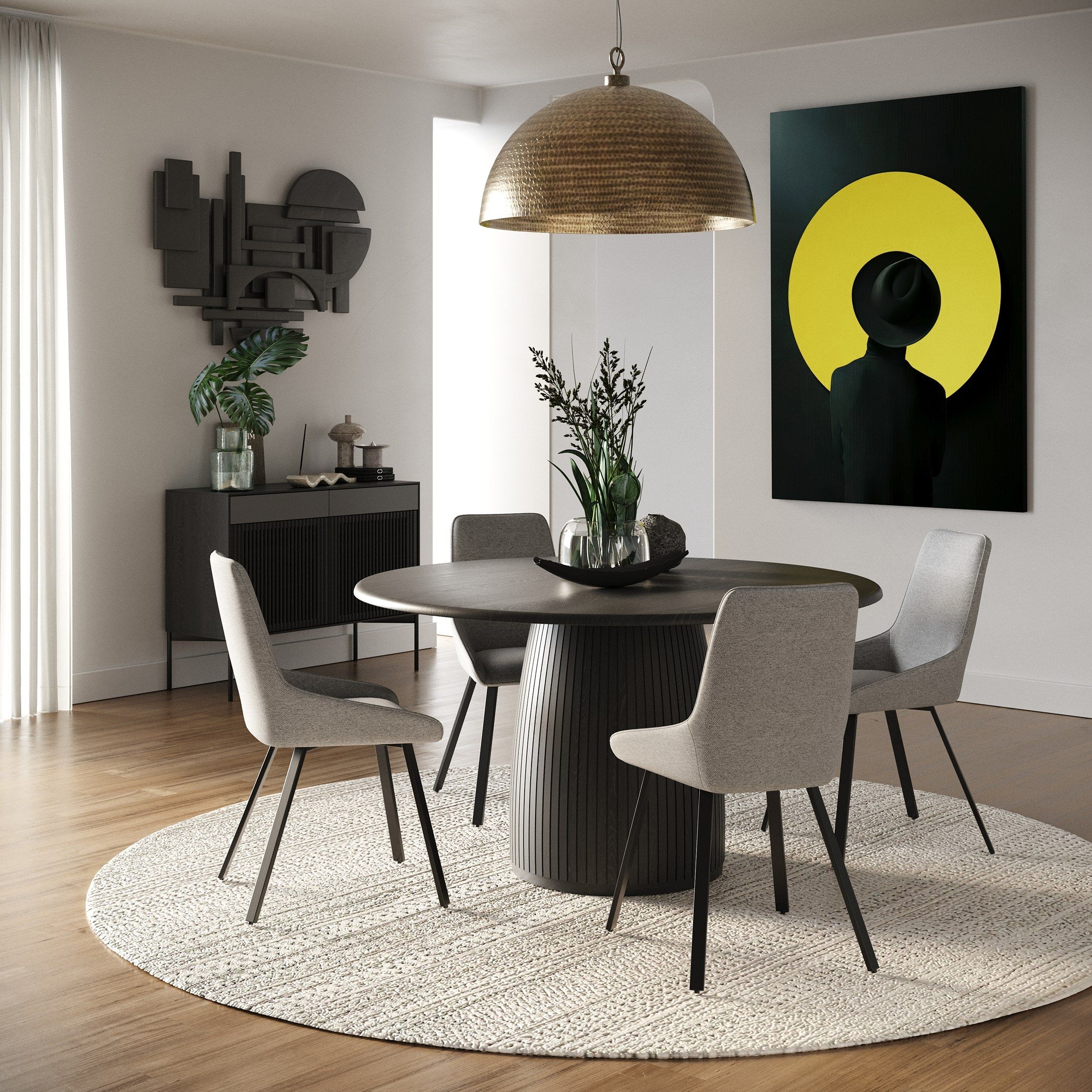 Dining Table: Ribbed Pedestal Base Black Oak Aesthetic