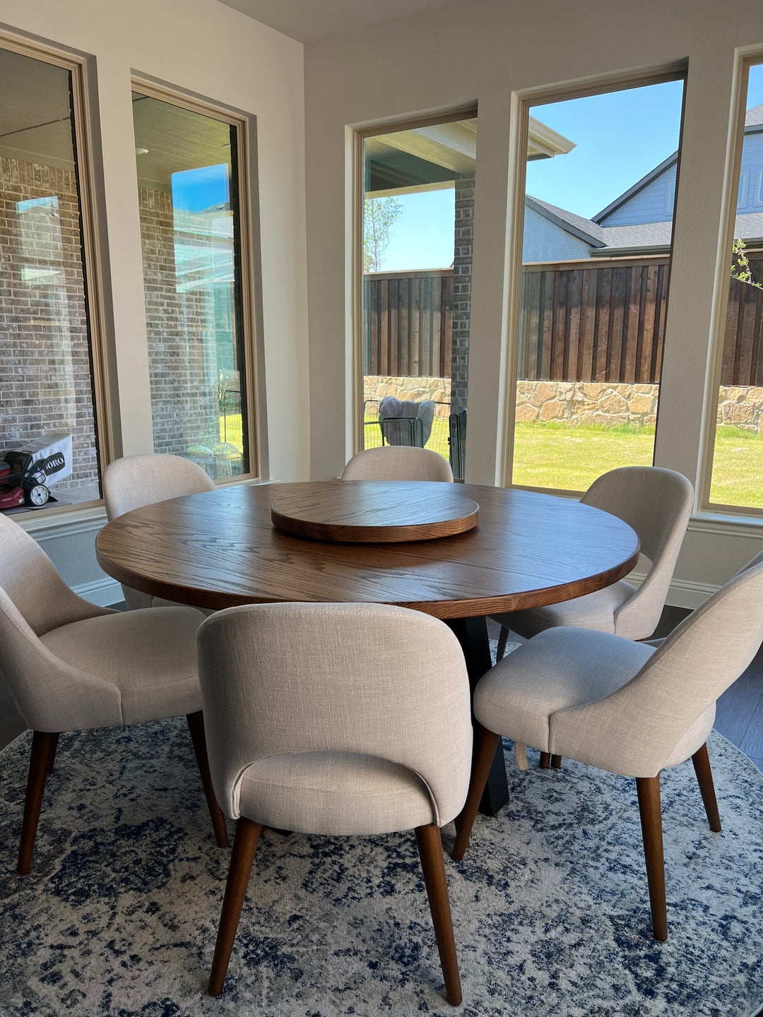 Dining Table: Round Wood Lazy Susan Trapezoid Base Table