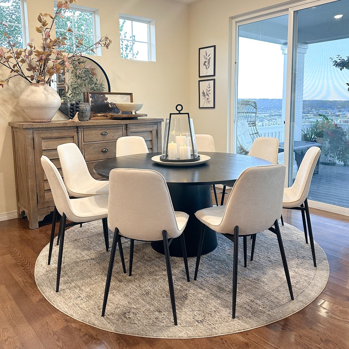 Dining Table Set: 60 Inch Round Matte Black Chenille Set