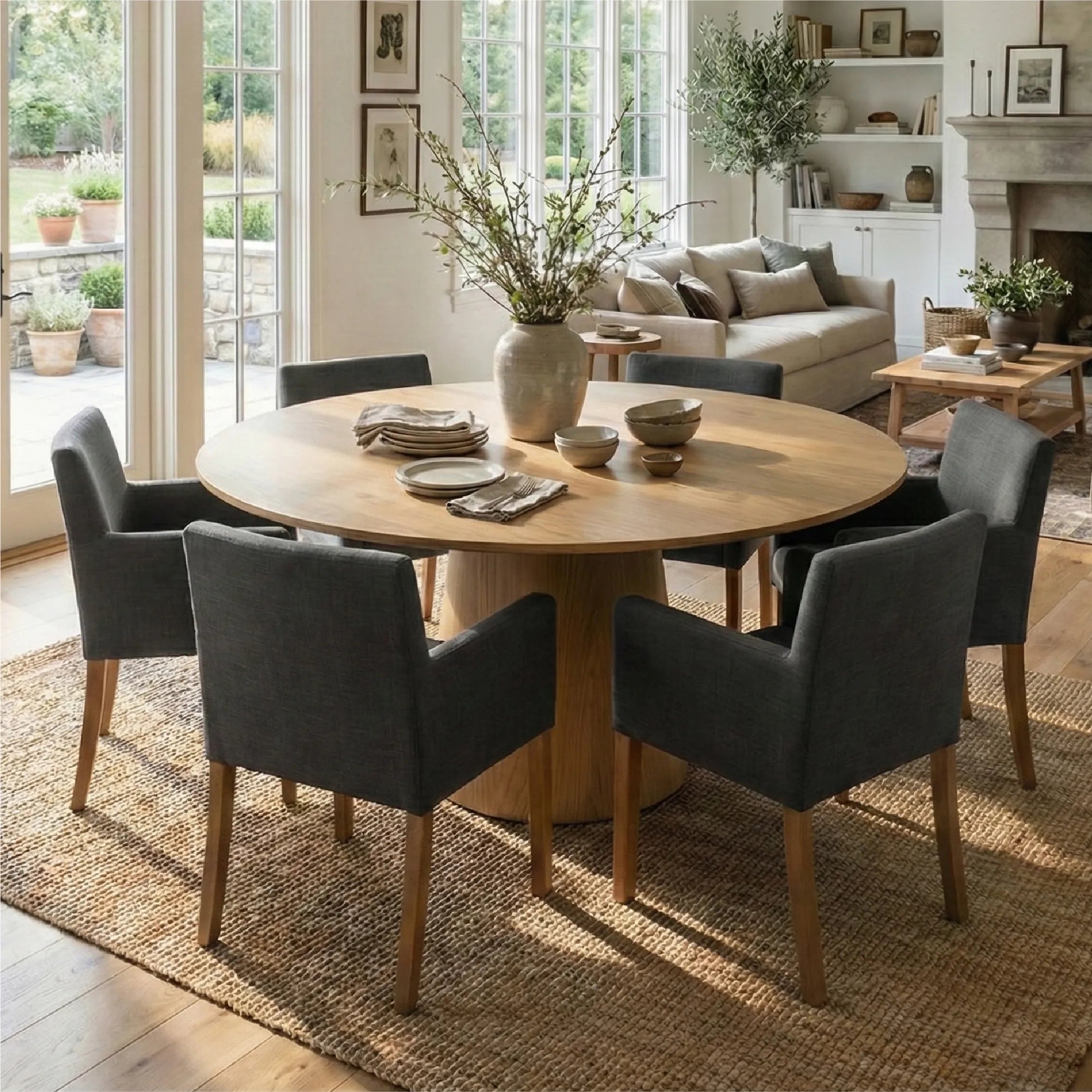 Dining Table Set: Charcoal Upholstered Round Wood Set