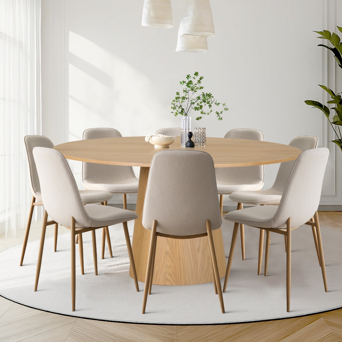 Dining Table Set: Conical Pedestal Eight Chair Wood Set