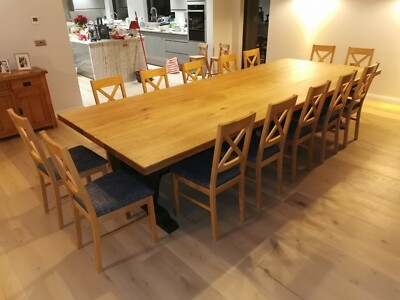Dining Table Set: Navy Upholstery 14 seat oak dining set
