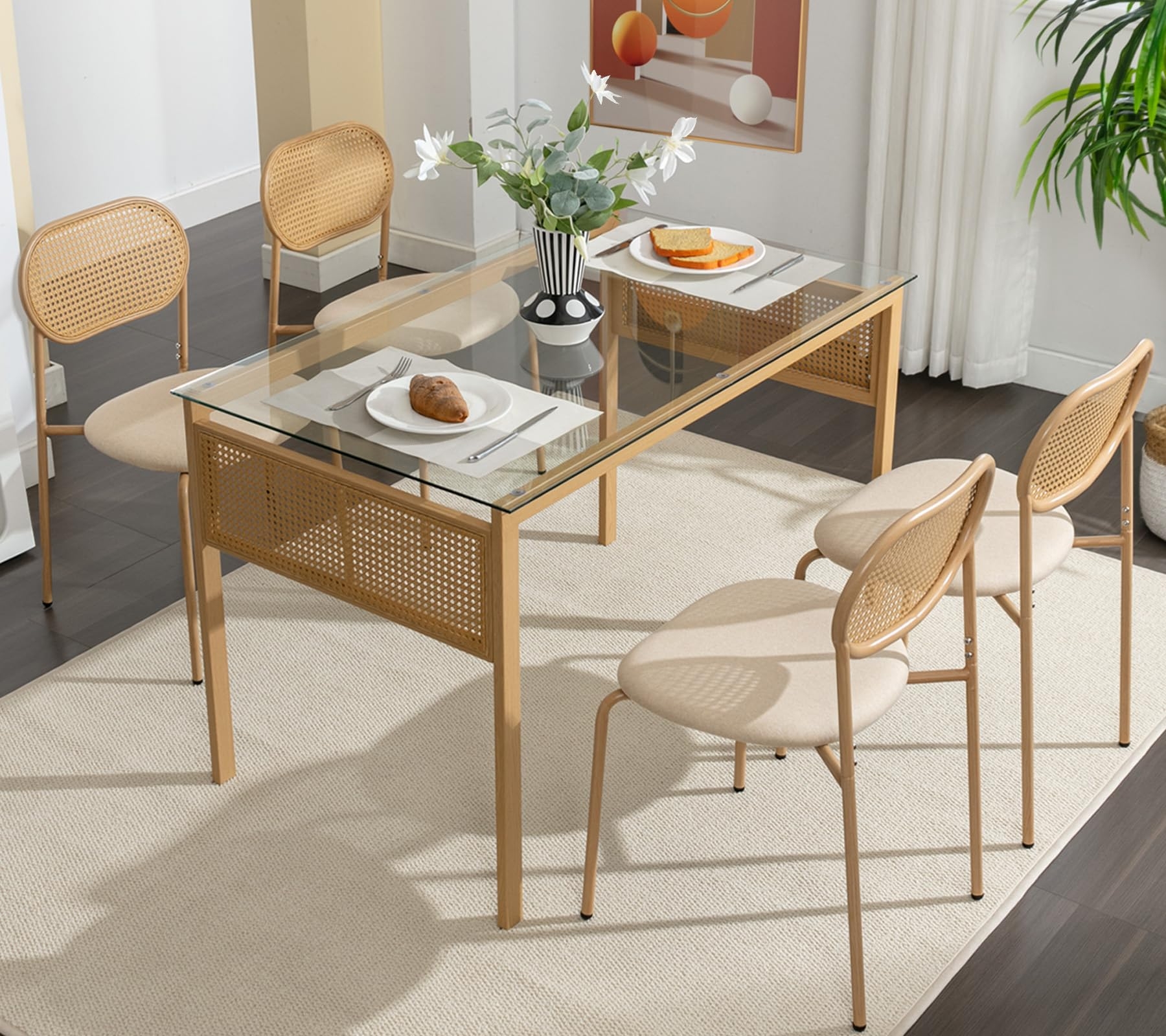 Dining Table Set: Rattan Mesh Apron with Glass Top