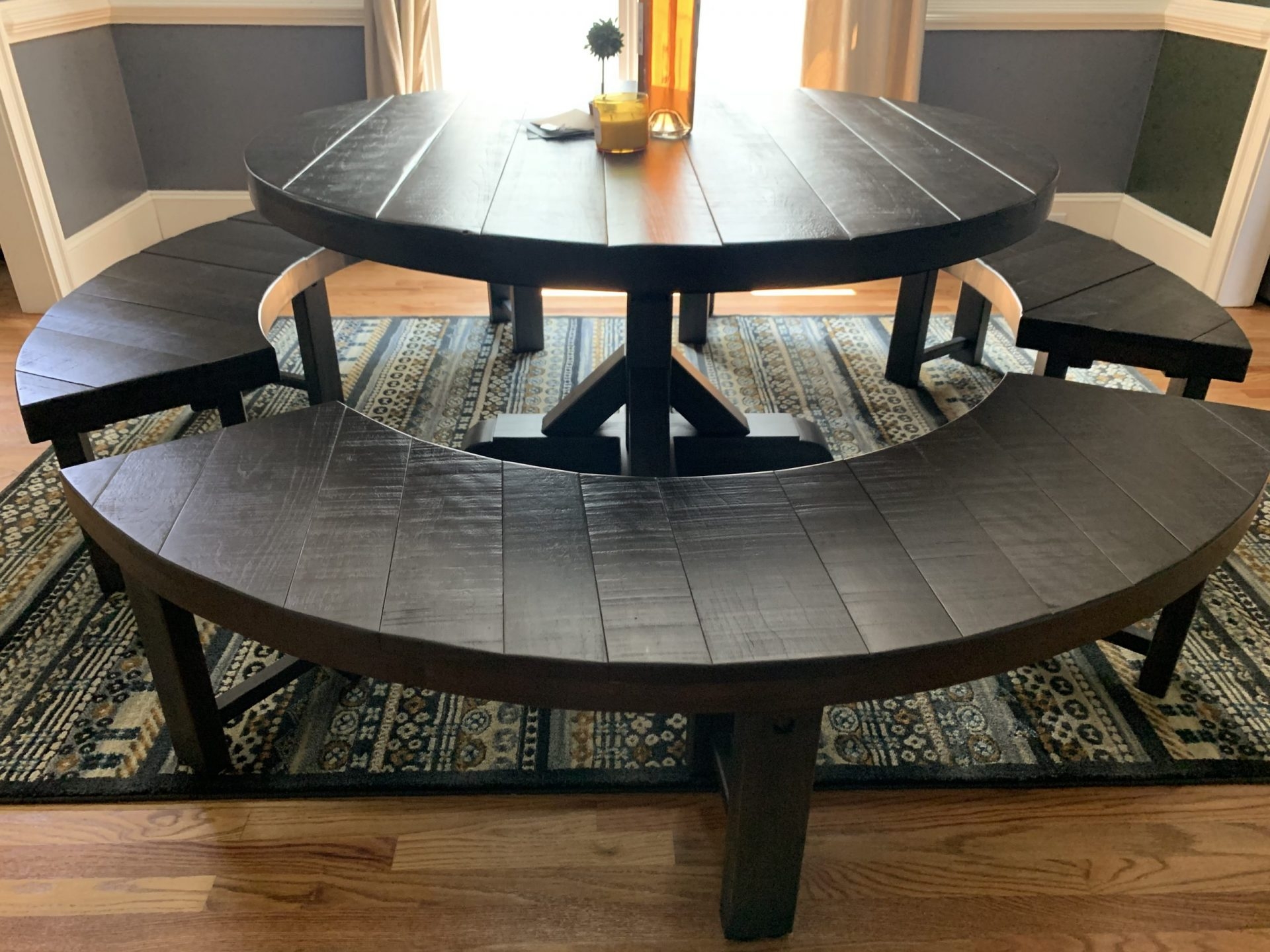 Dining Table Set with Dark Wood Round Planked Table