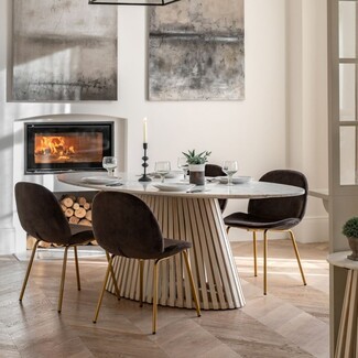 Dining Table Slatted Pedestal Base Oval Marble Top Wood