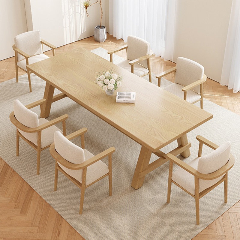 Dining Table with Solid Wood Trestle and Curved Armchairs