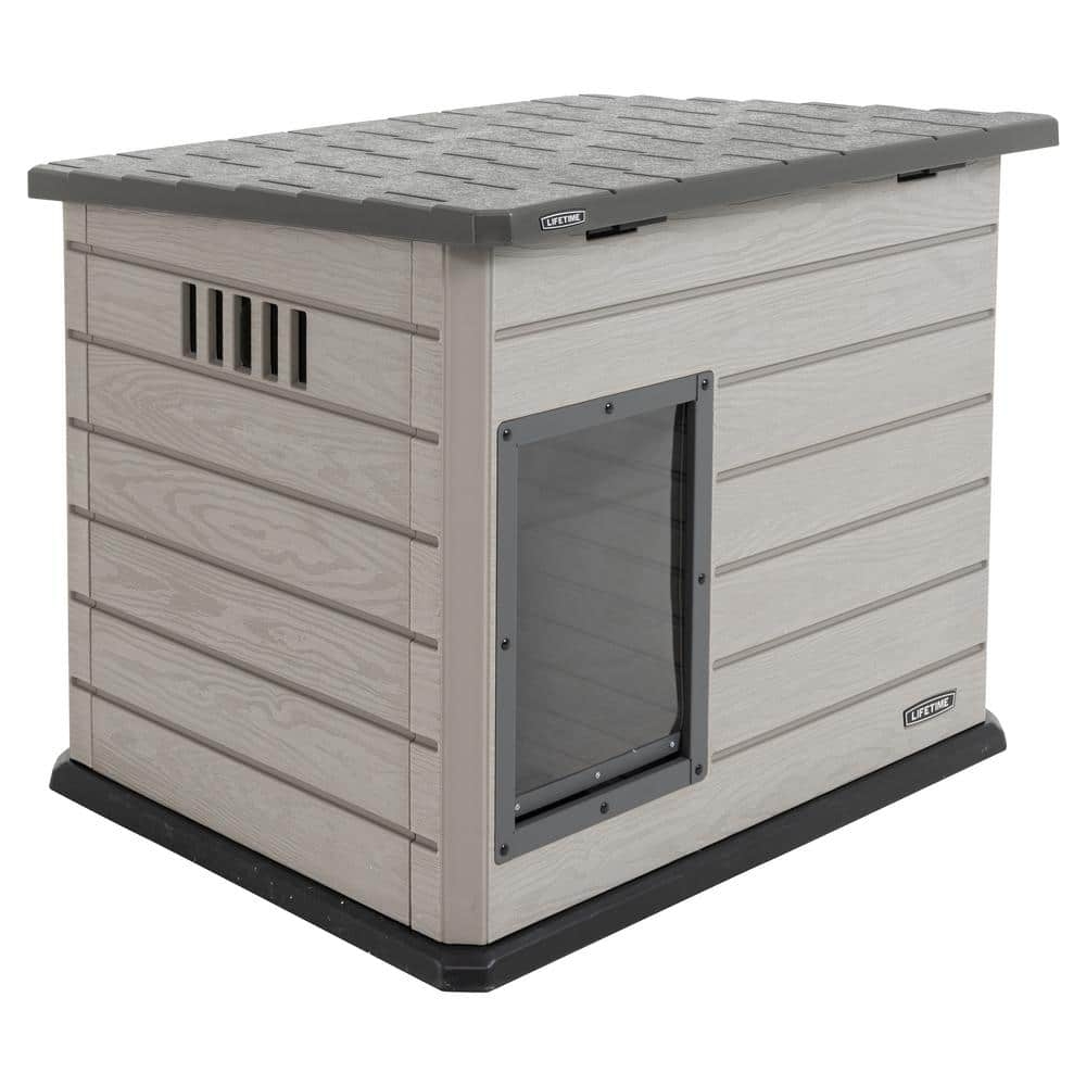 Dog House: Grey Wood Grain Dog Kennel With Clear Door Flap