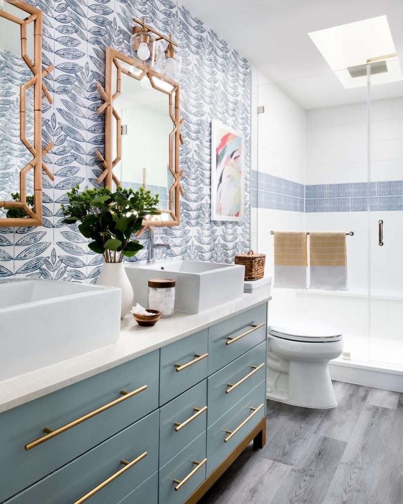 Double Bathroom Vanity: Bamboo Mirror Frame & Lattice Mirror Decor