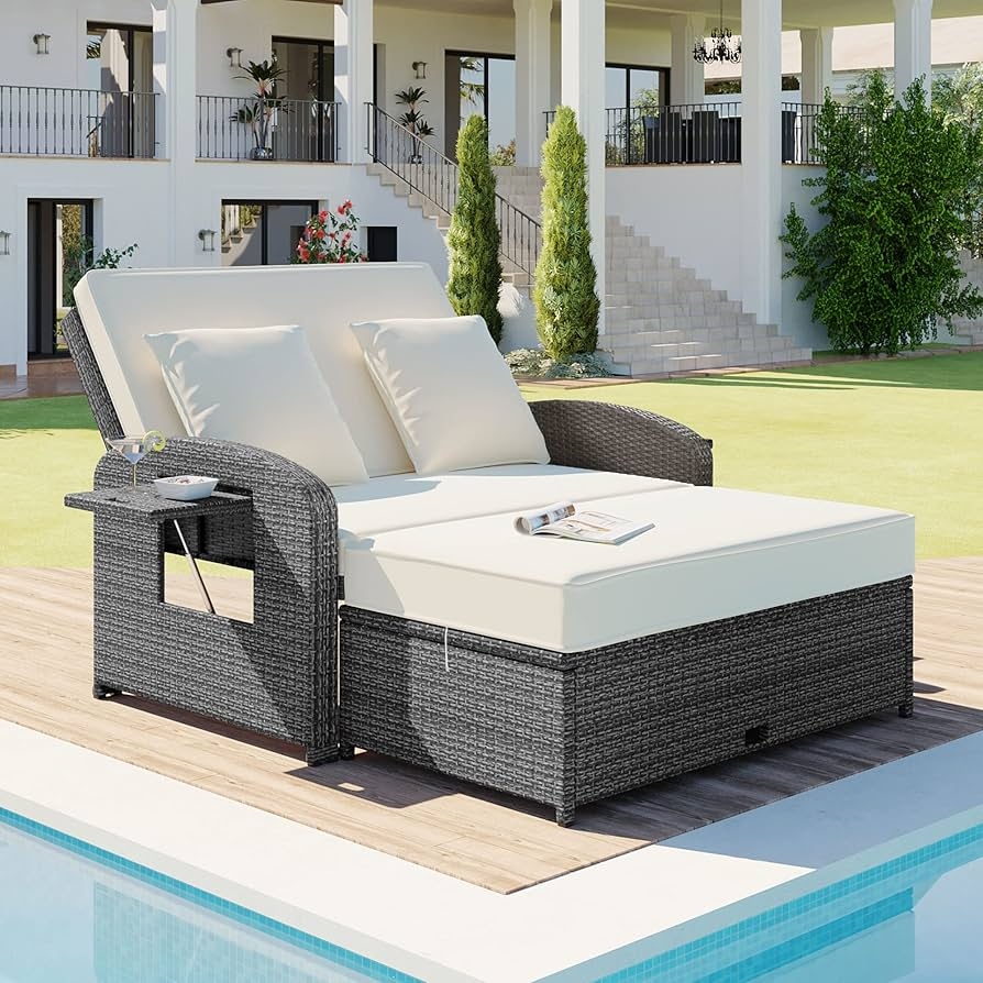 Double Chaise Lounge Plus Side Tray Grey Wicker Chaise Lounge