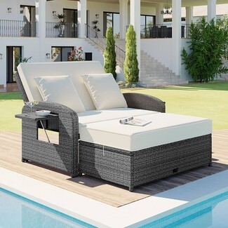Double Chaise Lounge Plus Side Tray Grey Wicker Chaise Lounge
