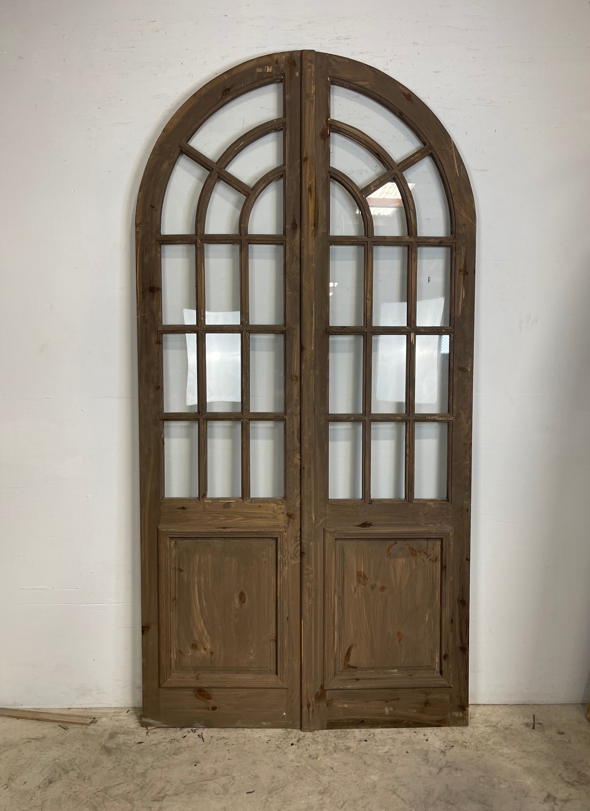 Double Doors Walnut Wood Multi-Pane Glass Arched Top