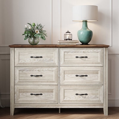 Double Dresser Two-Tone Wood Whitewashed 6 Drawer Chest