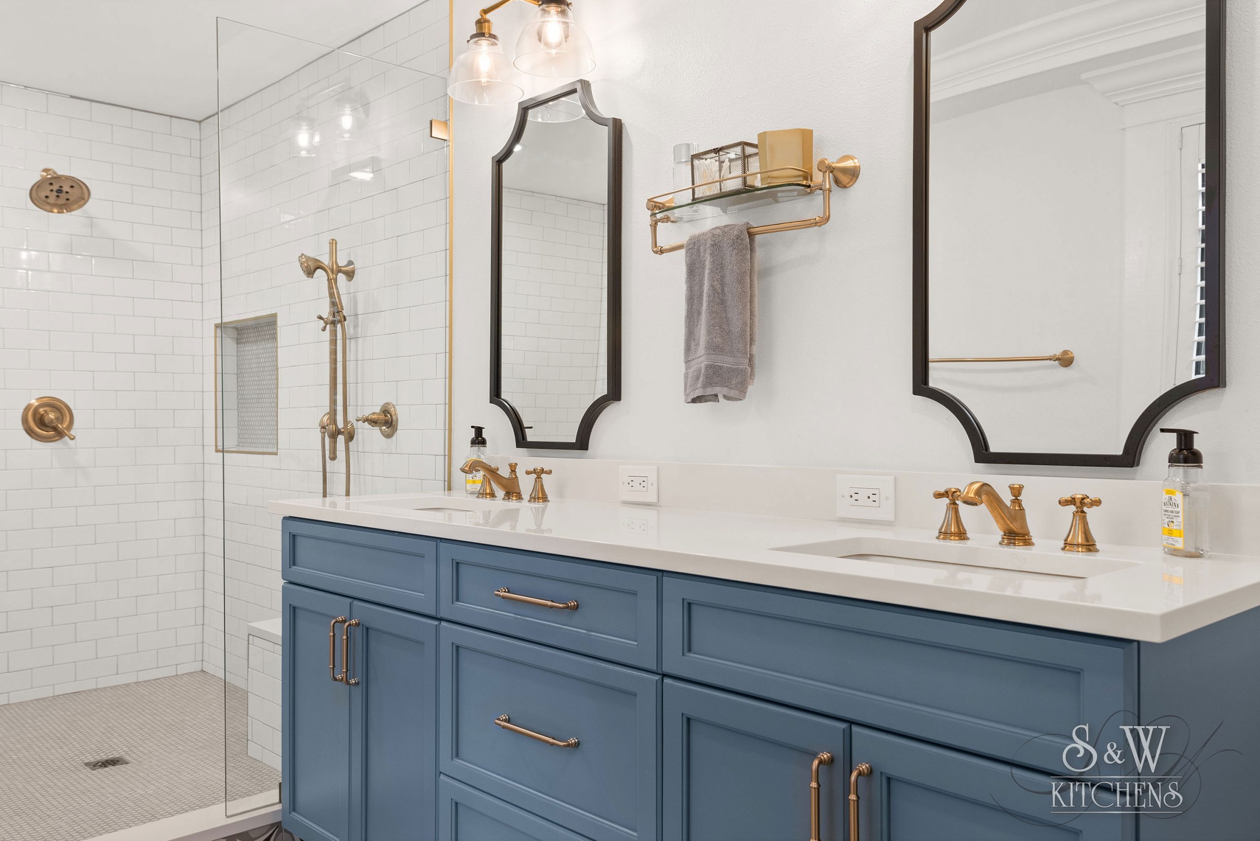 Double Sink Vanity: Slate Blue Paired with Arched Black Mirrors