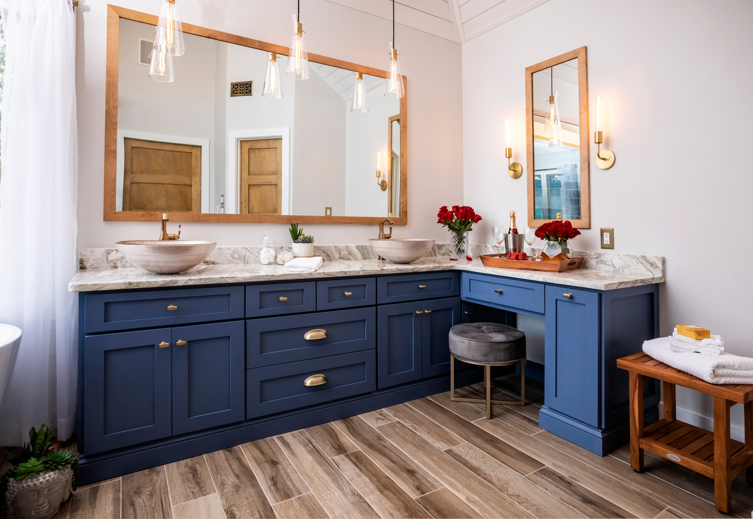 Double Vanity: Navy Blue with Makeup Station and Gold Bin Pulls