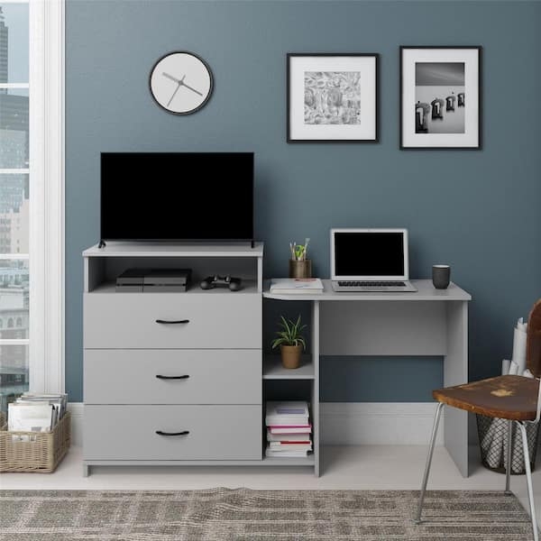 Dresser Desk Combo Media Shelf Dove Gray 3-Drawer Dresser