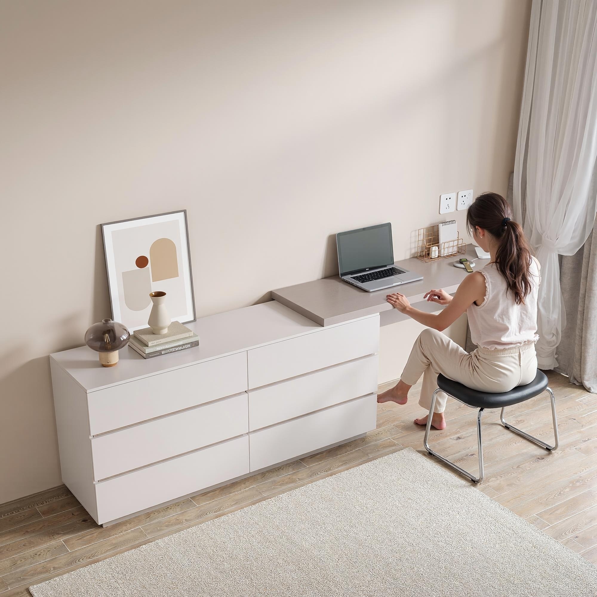 Dresser Desk Combo Sliding Extension Handleless Six-Drawer Dresser