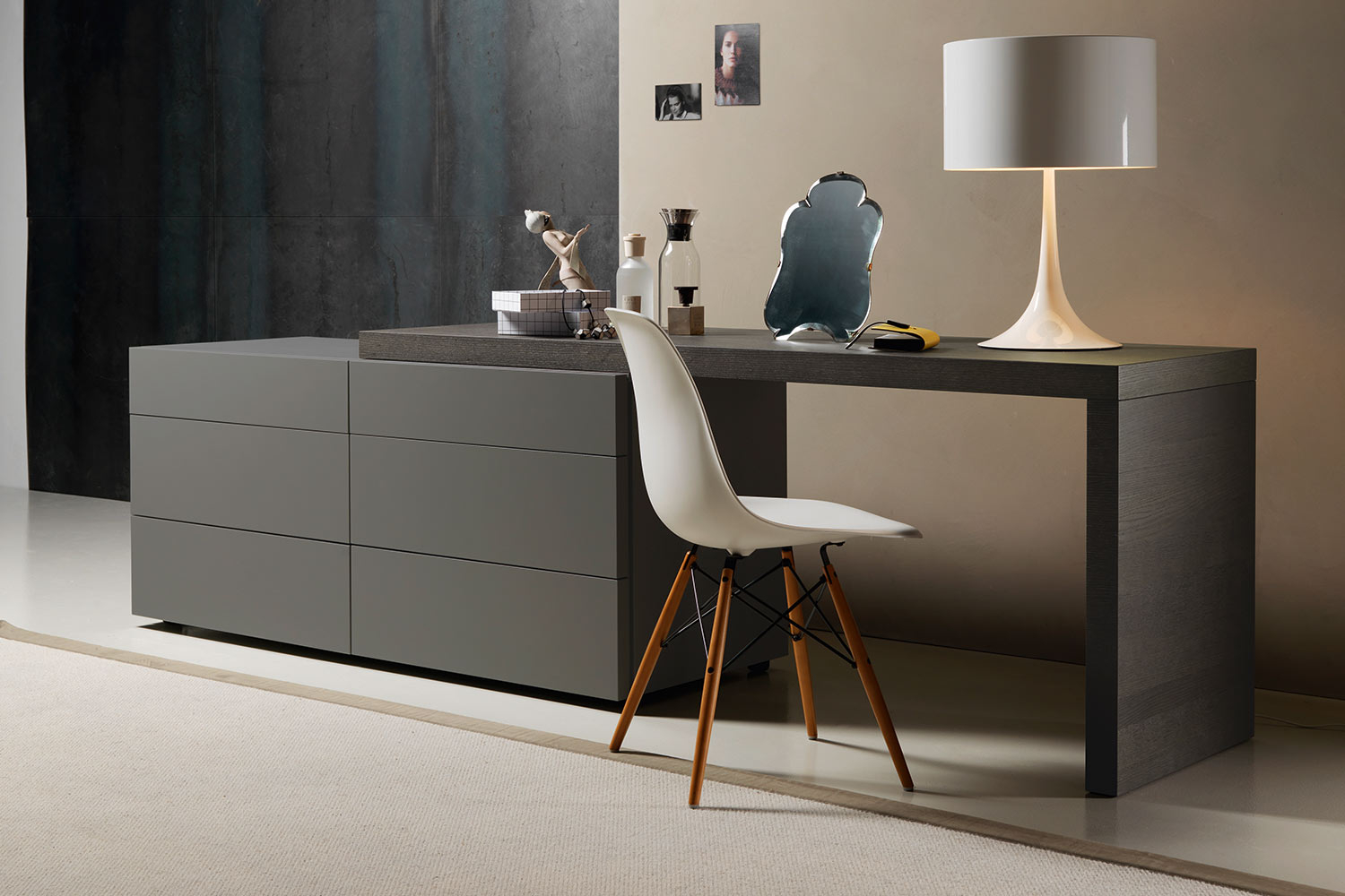 Dresser With Desk: Matte Gray Matte Gray Bedroom Workstation