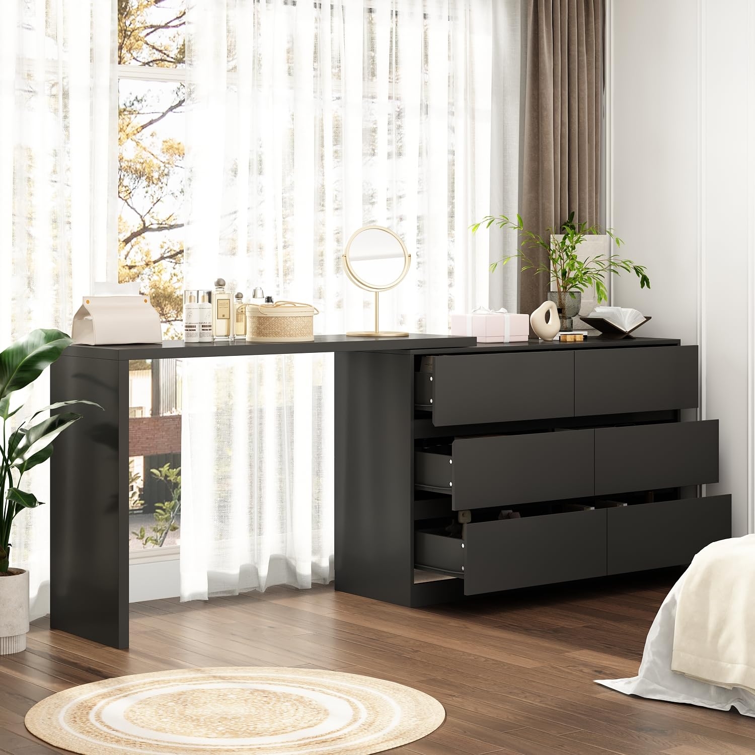 Dressing Table L-Shaped Design Matte Black Vanity Desk