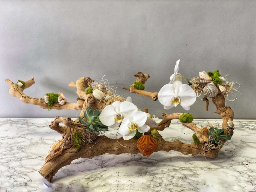 Driftwood Decor: Orchid Floral Arrangement Coastal Centerpiece