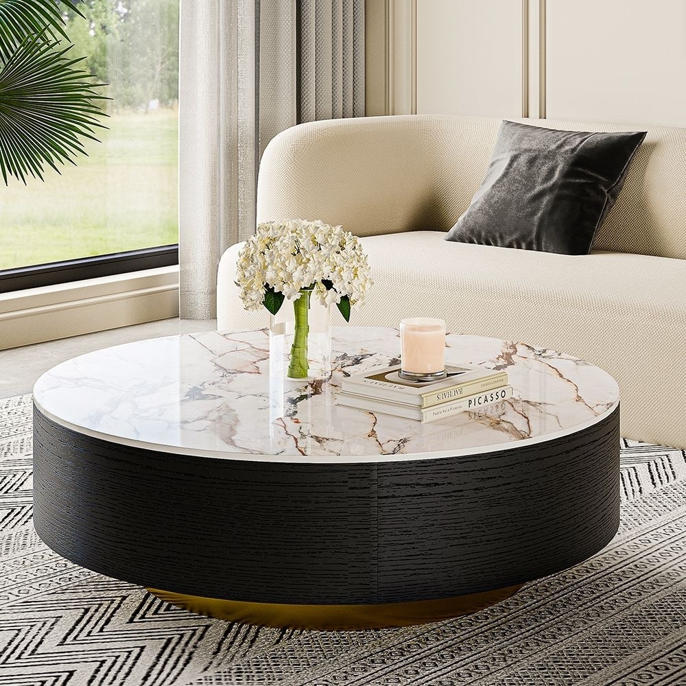 Drum Coffee Table having Dark Textured Side and Brass