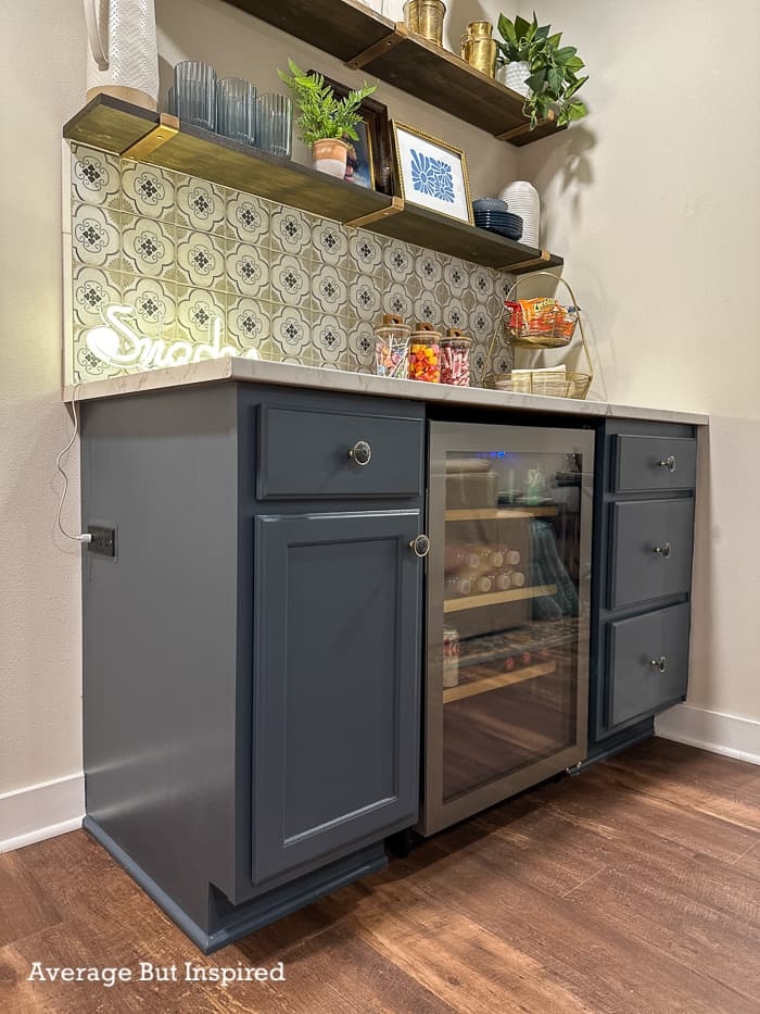 Dry Bar with Navy Cabinets and Floral Tile Backsplash Ideas