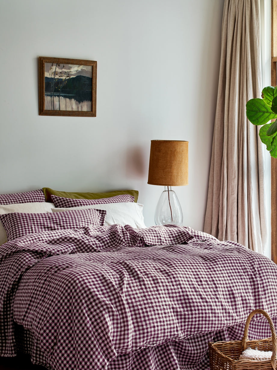 Duvet Cover | Berry Gingham Print Linen Blend Bedding