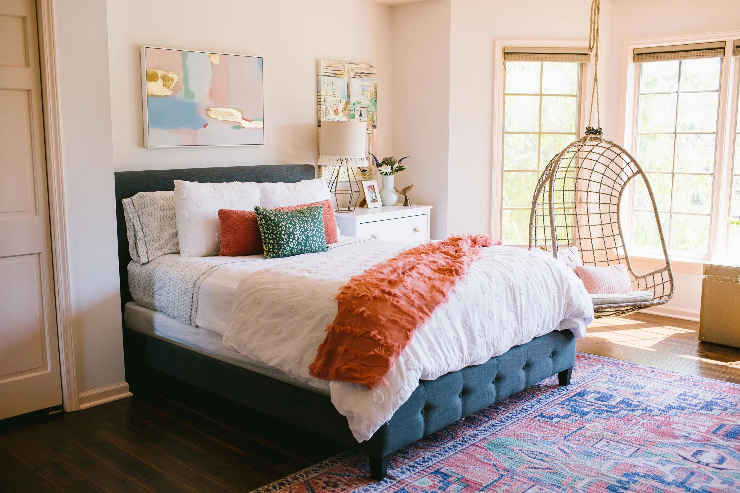 Eclectic Platform Bed: Tufted Frame & Hanging Chair