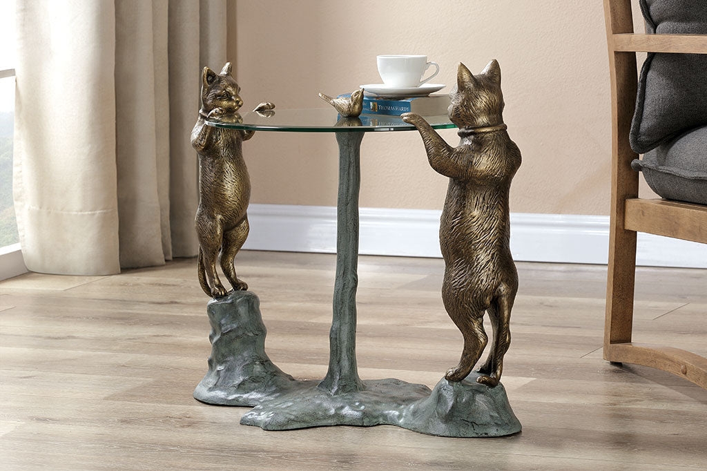 End Table Cat Sculptures Verdigris Whimsical Animal Decor