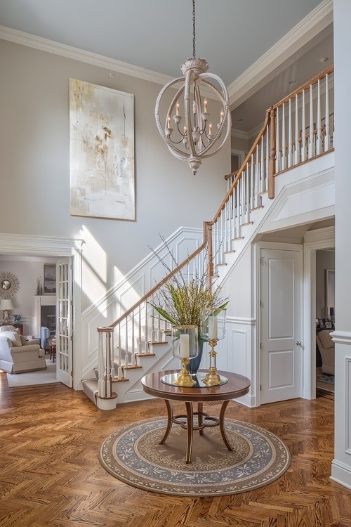 Entryway Foyer Herringbone Parquet Orb Chandelier Design