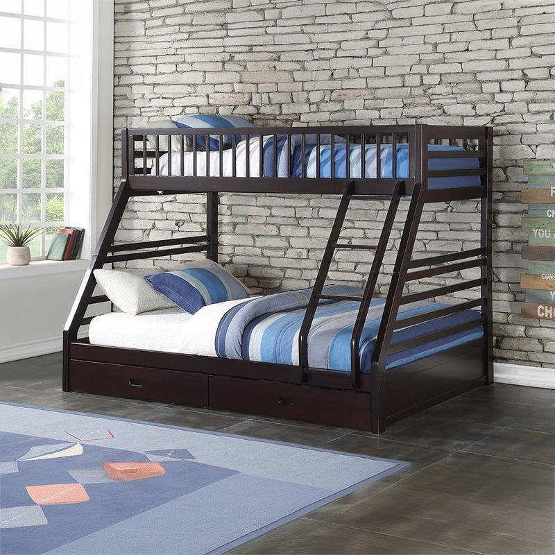 Espresso Bunk Bed with Underbed Drawers, Industrial Style