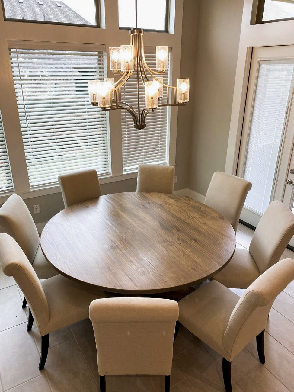 Extra Chunky Round Dining Table 72 Inch Warm Wood Transitional Style.