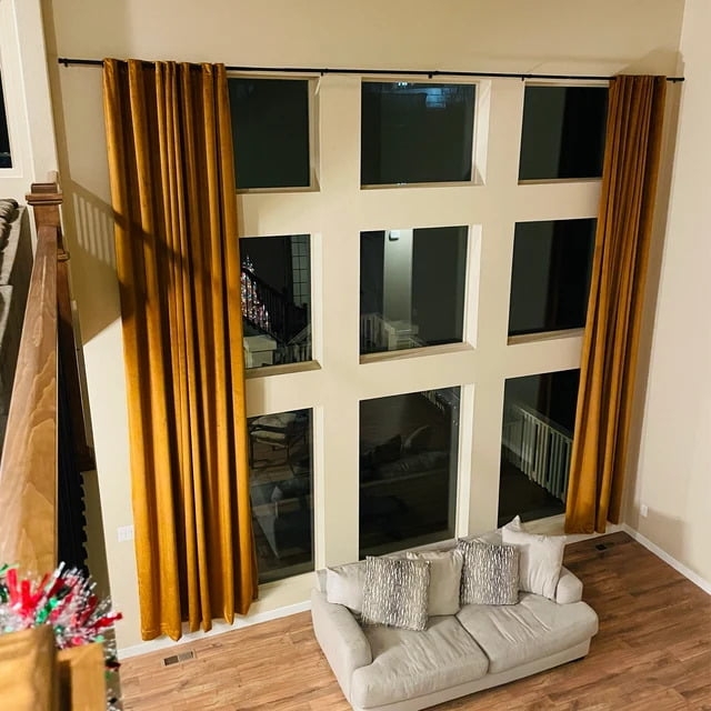 Extra Long Curtains: Ochre Velvet Nine Pane Window Grid Drapes
