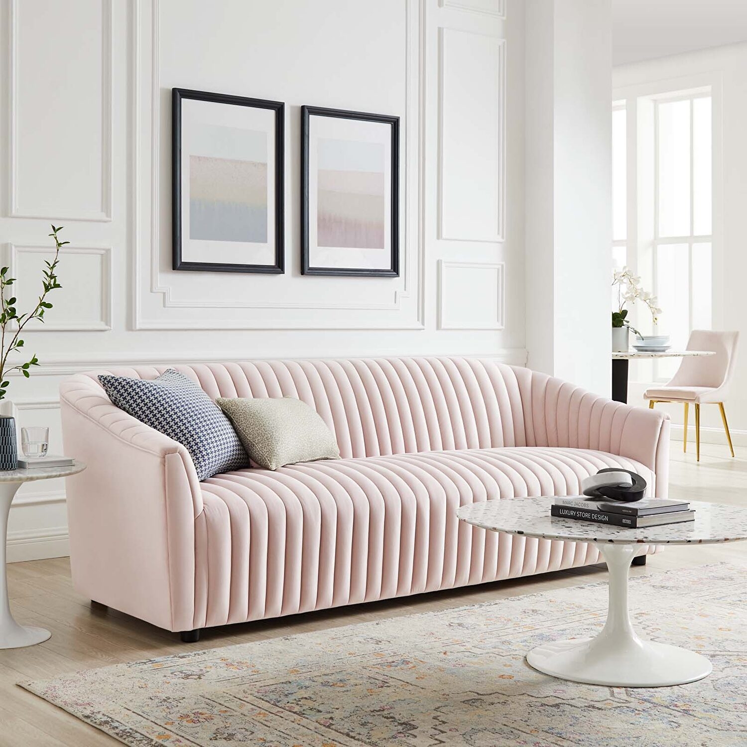 Fabric Sofa with Tuxedo Profile and Vertical Channel Tufting