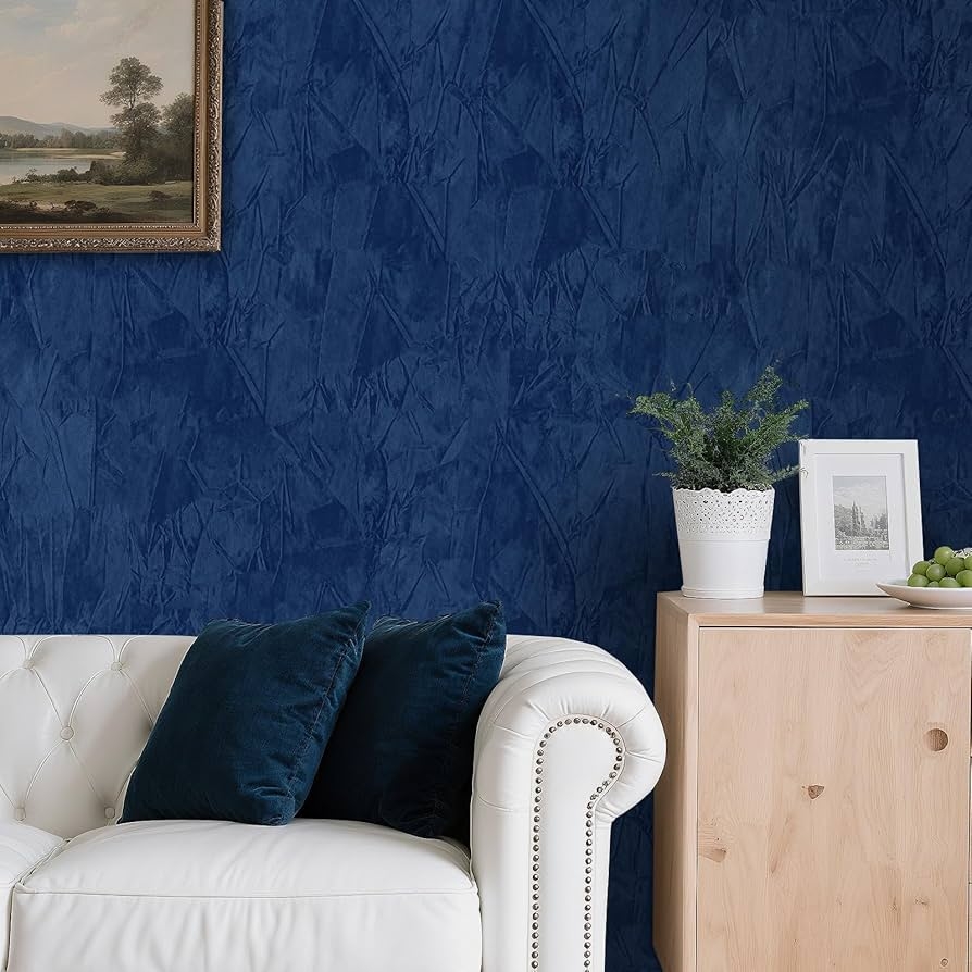 Fabric Wallpaper: Blue Velvet Texture with Wrinkled Fabric Effect
