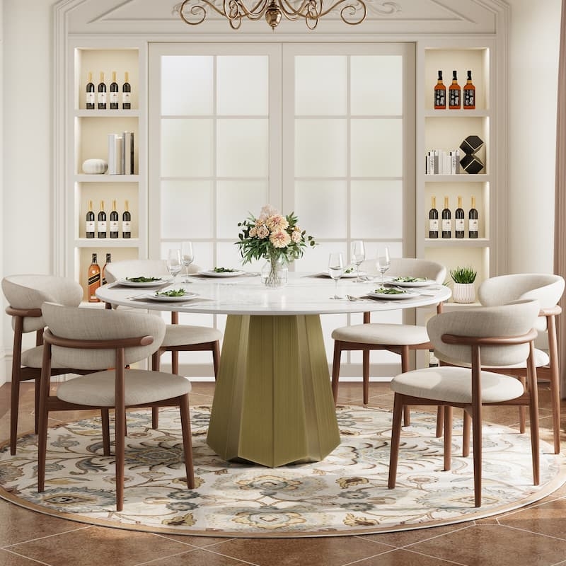Faceted Pedestal Round Dining Table with Marble Top and Lazy Susan