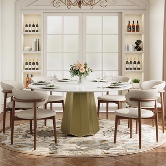 Faceted Pedestal Round Dining Table with Marble Top and Lazy Susan