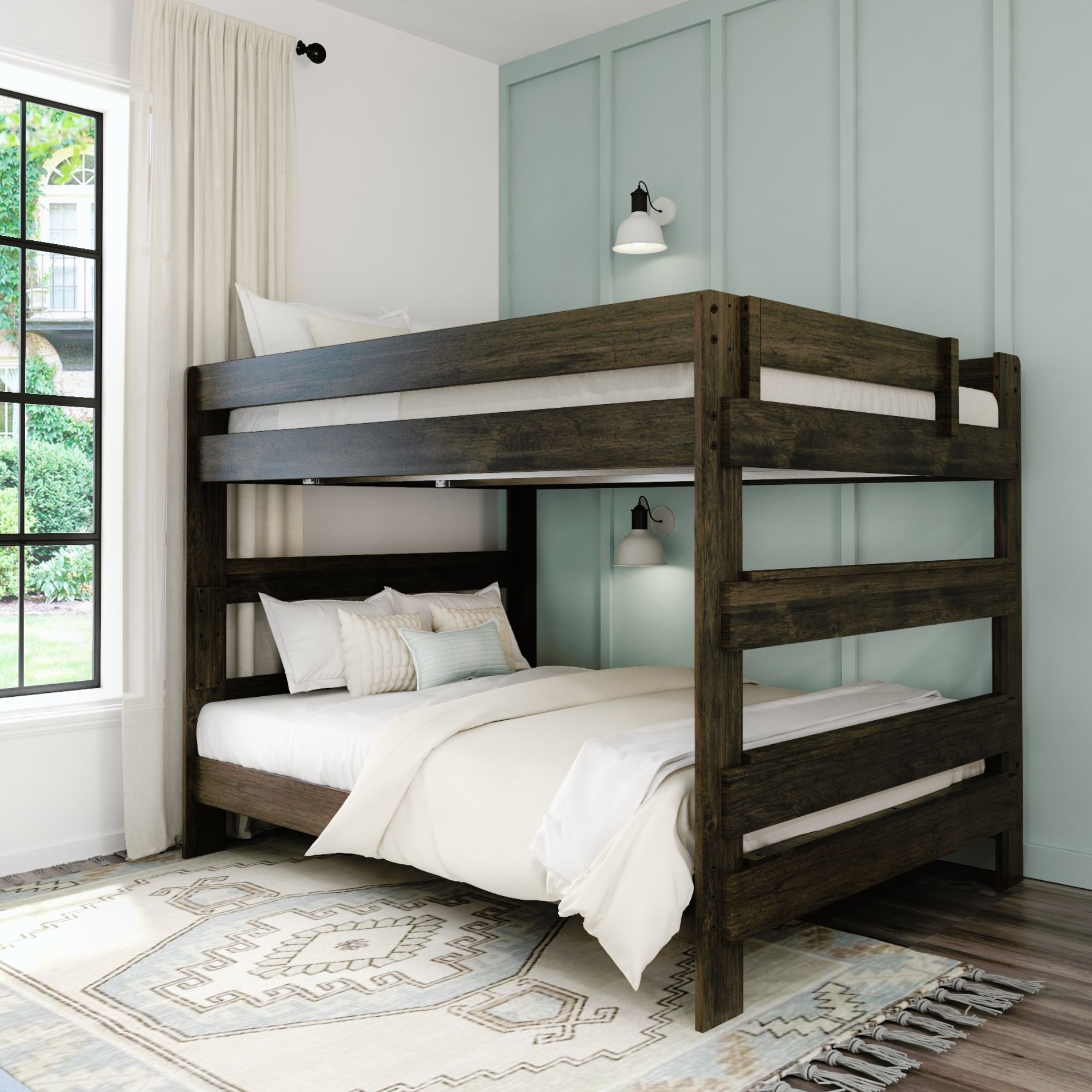Farmhouse Bunk Bed in Matte Pecan Finish, Queen over Queen