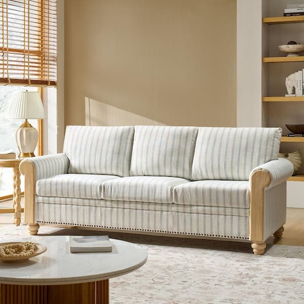 Farmhouse Sofa With Blue Ticking Stripe and Spindle Legs