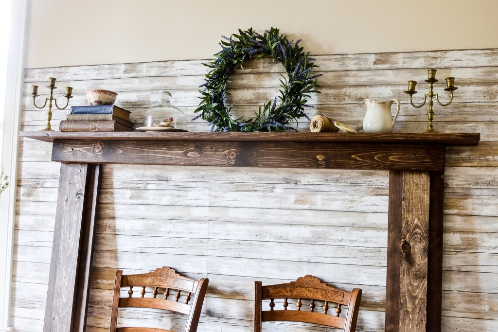 Faux Fireplace Mantel: Whitewashed Plank Wall Style