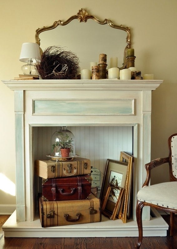 Faux Fireplace: Vintage Suitcase Fireplace Decor Idea