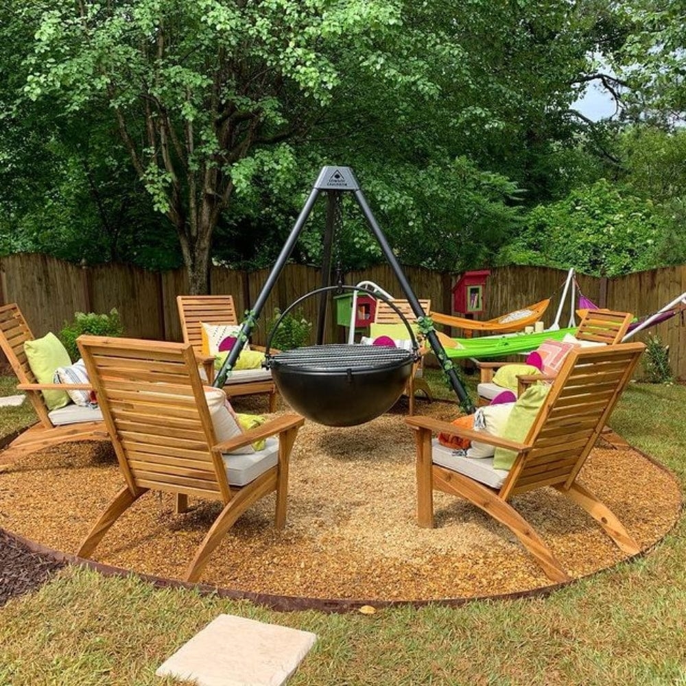 Fire Pit Grill Slatted Wood Chairs Tripod Base Design
