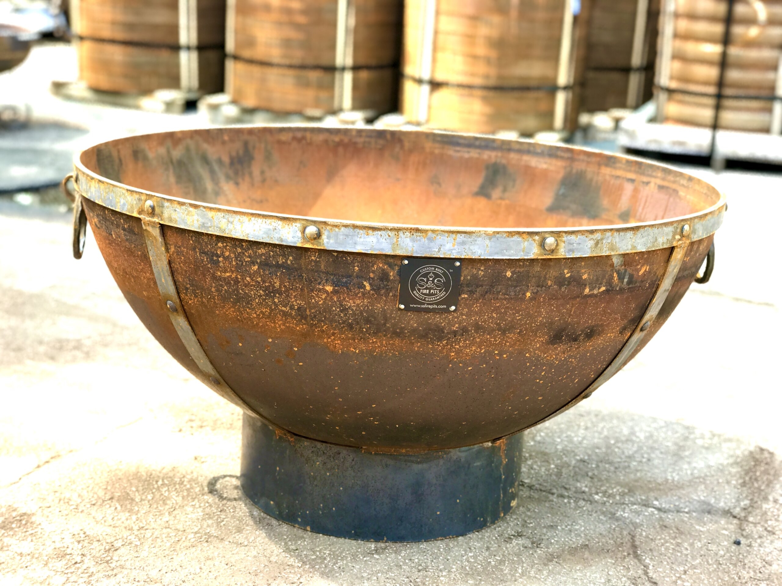 Fire Pit Riveted Rim Band Oxidized Steel Industrial Bowl