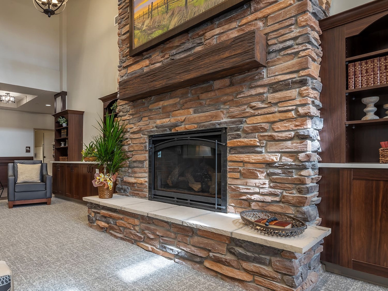 Fireplace Mantel: Dark Walnut Rustic Stone Fireplace