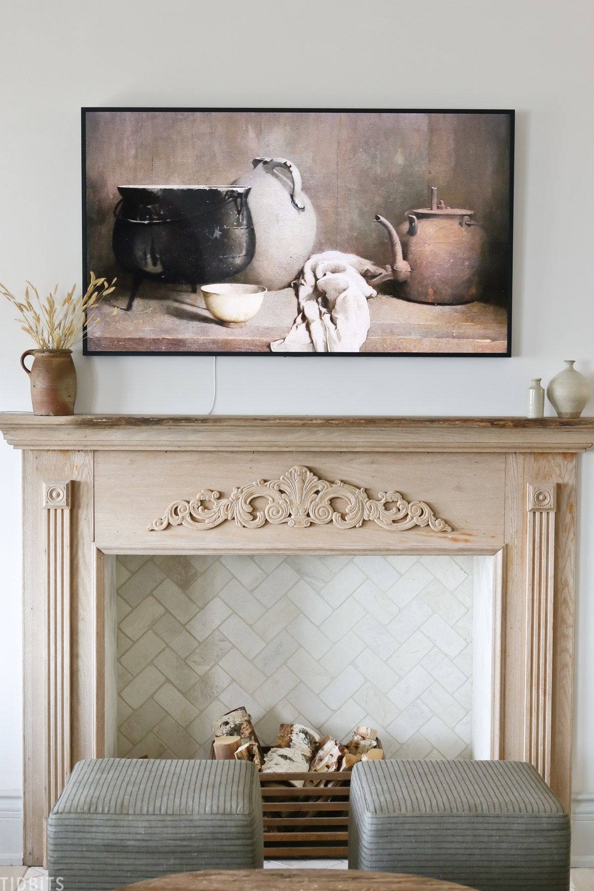 Fireplace Mantel With Samsung Frame TV Styling And Tile