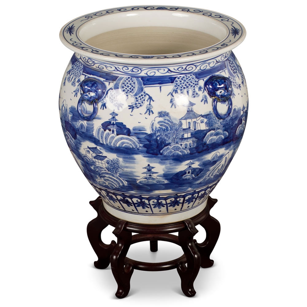 Fishbowl Planter: Lion Mask Handles & Five Legged Stand Porcelain Vessel