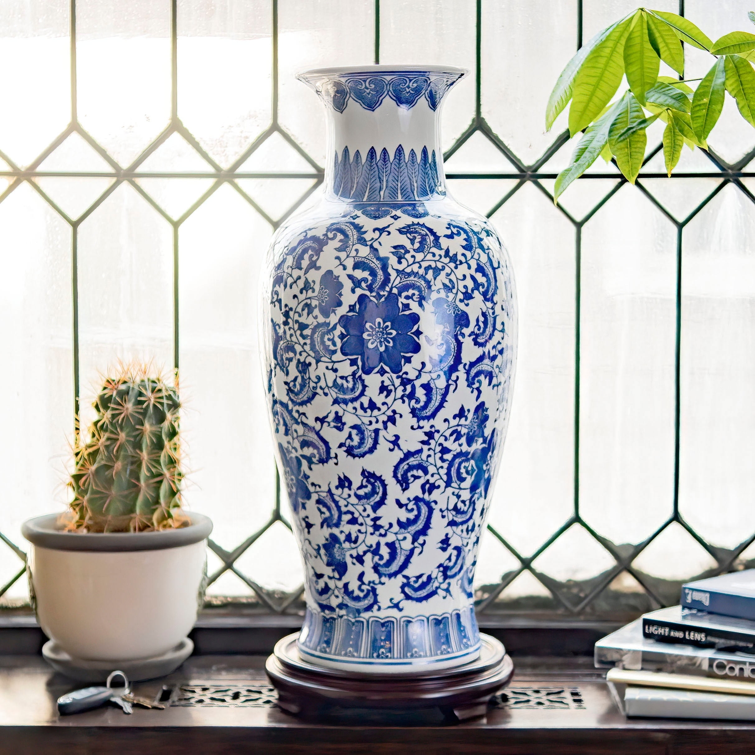 Fishtail Vase Dark Wood Base Cobalt Floral Chinoiserie Decor