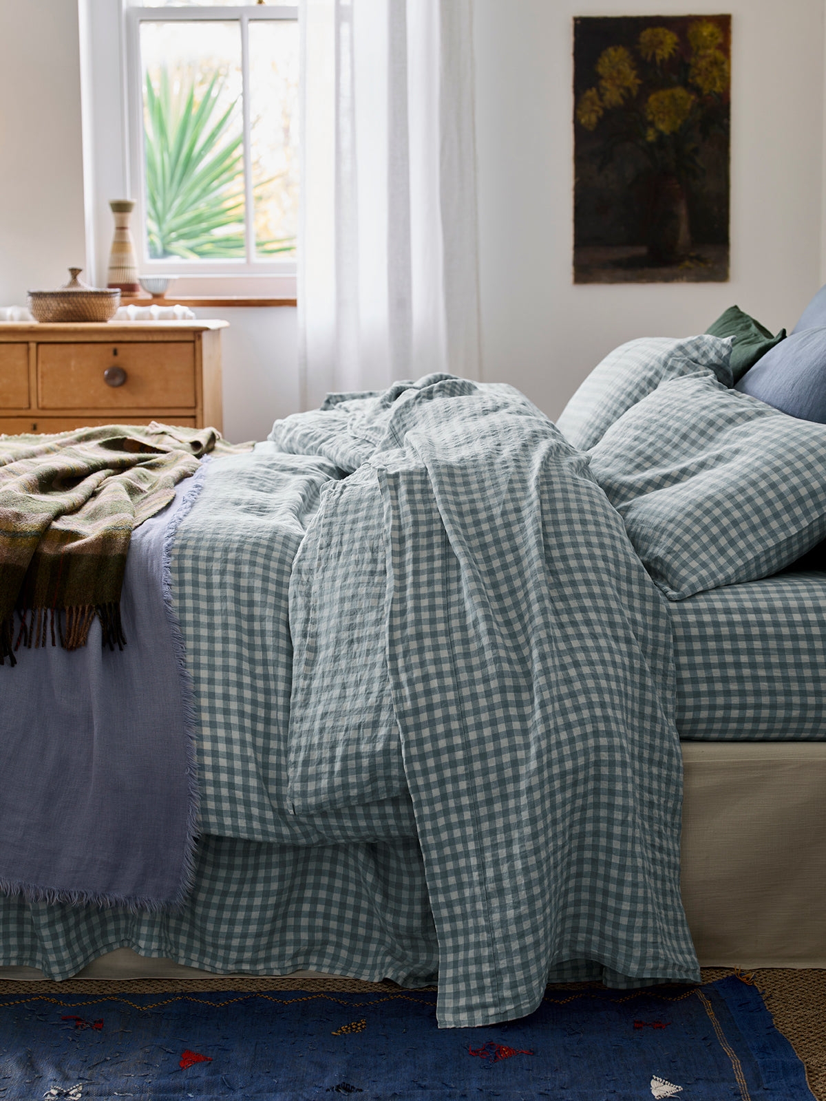 Flat Sheet | Warm Blue Gingham Linen Checkered Bed