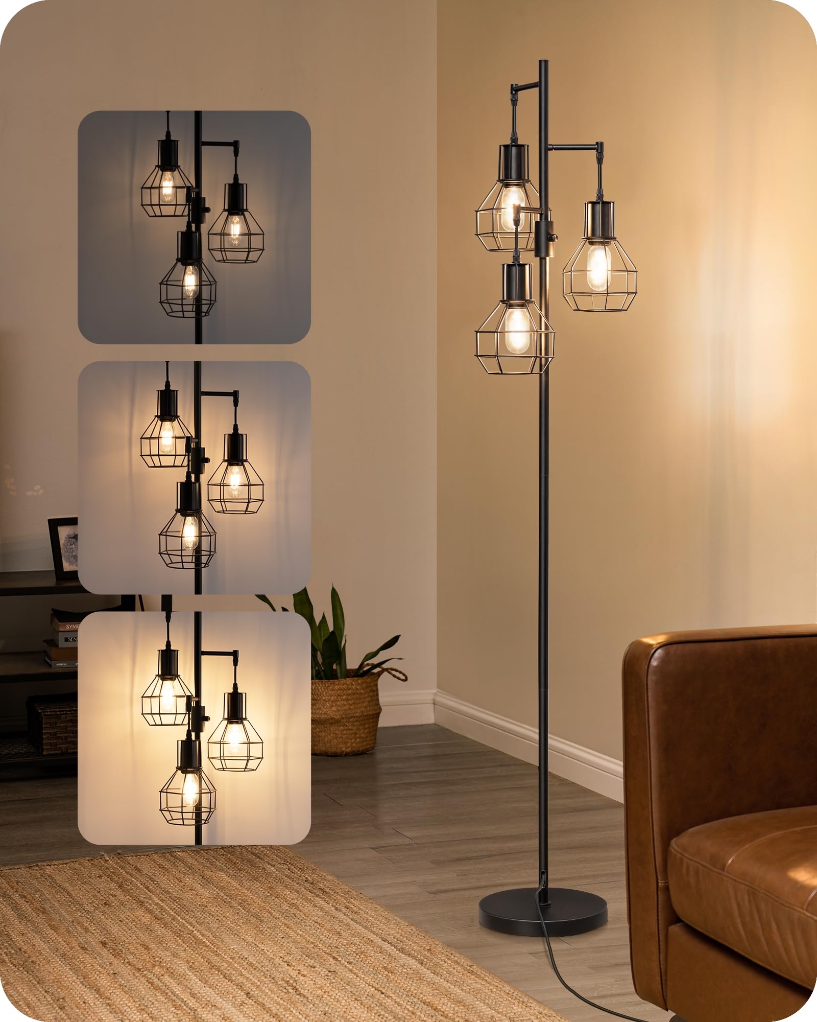 Floor Lamp Featuring Cage Shades and Dimmable Tree Design