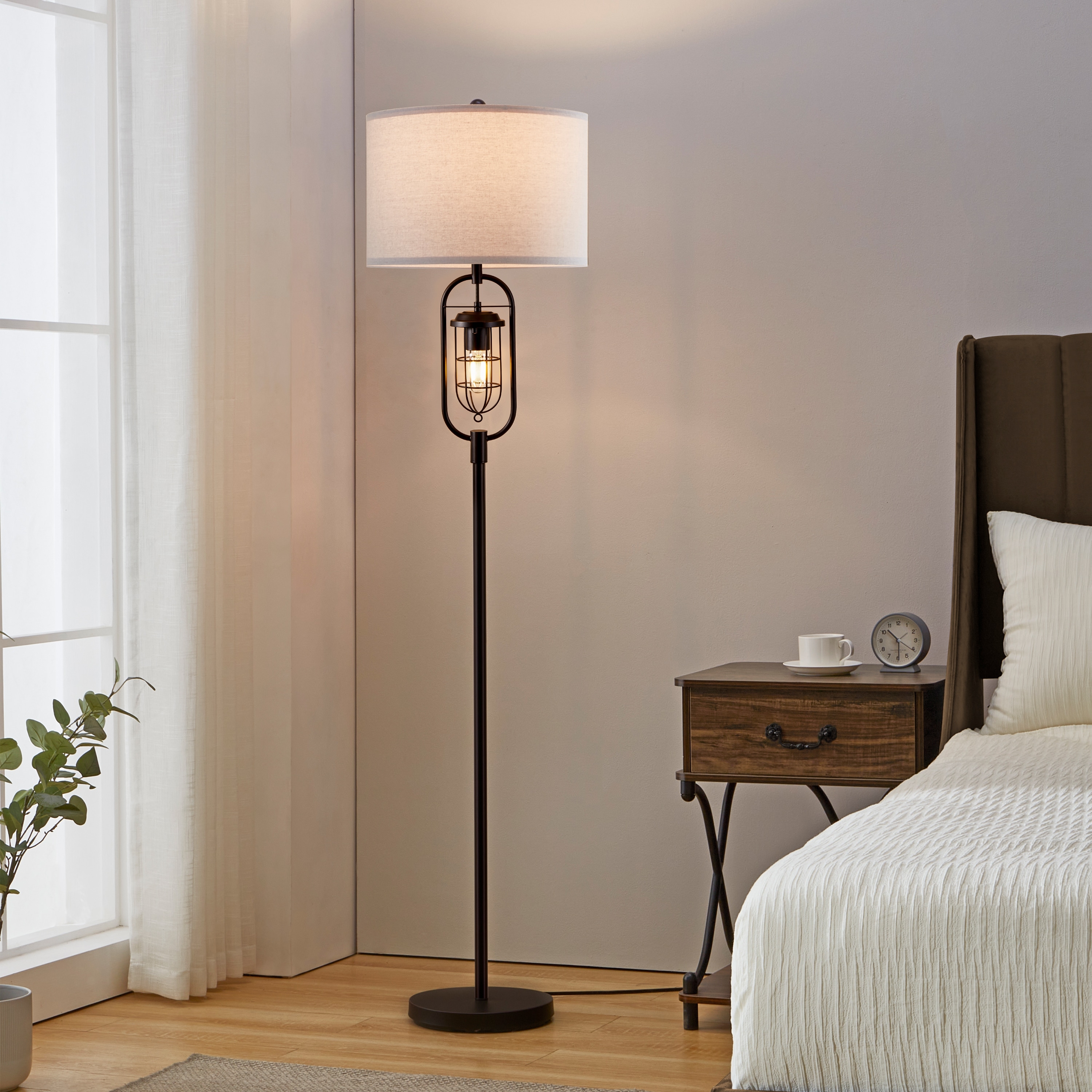 Floor Lamp Featuring Caged Light Detail and Black Stem