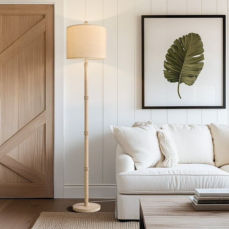 Floor Lamp Featuring Wood Grain Finish and Linen Shade
